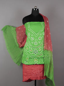 Pastel Green Red White Hand Tie & Dye Bandhej Suit Salwar Dupatta (Set of 3) With Hand Embroidery & Mirror Work - S16281250