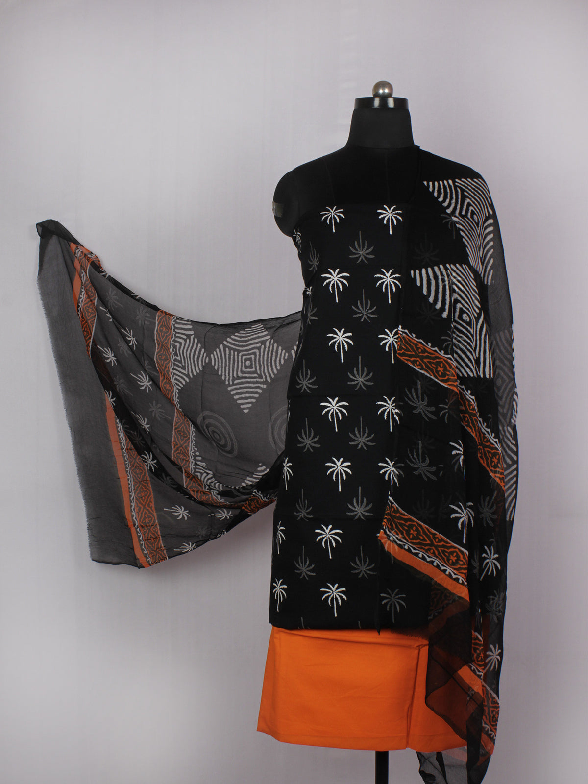 Black White Grey Orange Hand Block Printed Cotton Suit-Salwar Fabric With Chiffon Dupatta - S16281224