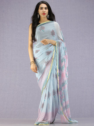 Baby Blue Pink Green Hand Block Printed Chiffon Saree with Zari Border - S031704594