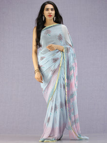 Baby Blue Pink Green Hand Block Printed Chiffon Saree with Zari Border - S031704594