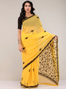 Yellow Aari Embroidered Georgette Saree From Kashmir - S031704634