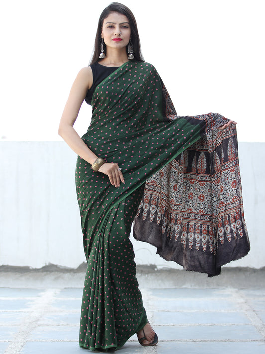 Bottle Green Coral Black  Bandhej Modal Silk Saree With Ajrakh Printed Pallu & Blouse - S031703882