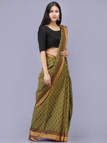 Olive Green Maroon Black Bagh Printed Maheshwari Cotton Saree - S031704175