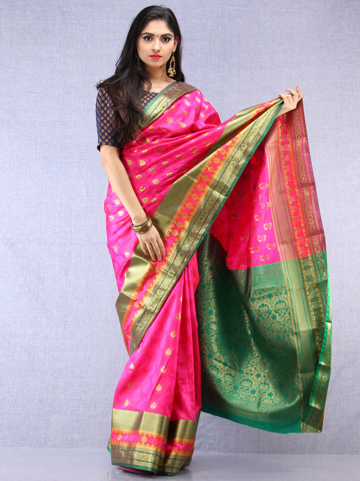 Banarasee Art Silk Saree With Resham Zari Weave - hot Pink Green & Gold - S031704391