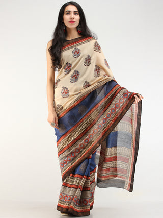 Indigo Beige Red Hand Block Printed Maheswari Silk Saree With Zari Border - s031704549