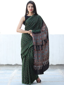 Bottle Green Coral Black  Bandhej Modal Silk Saree With Ajrakh Printed Pallu & Blouse - S031703882
