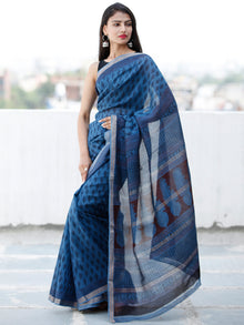 Blue Rust Black Bagh Hand Block Printed Maheswari Silk Saree With Resham Border - S031703837