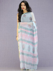 Baby Blue Pink Green Hand Block Printed Chiffon Saree with Zari Border - S031704594