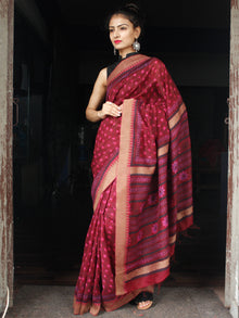 Cherry Red Pink Chanderi Silk Hand Block Printed Saree With Geecha Border - S031704010