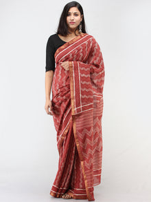 Rosewood Pink White Hand Block Printed Maheshwari Saree With zari Border - S031704465