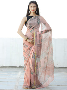Peach Red Green Hand Block Printed Chiffon Saree with Zari Border - S031703962