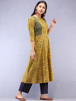 Mustard Green Red Ajrakh Hand Block Printed Cotton Kurta  - K200F1521