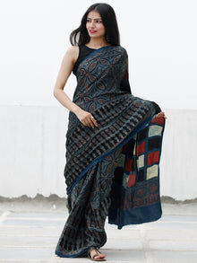 Indigo Black Maroon Ivory Ajrakh Hand Block Printed Modal Silk Saree in Natural Colors - S031703704