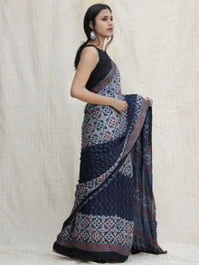 Indigo Ivory Black Red Ajrakh Hand Block Printed Modal Silk Saree - S031704125