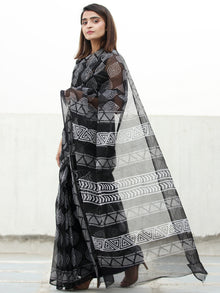 Black & White Hand Block Printed Kota Doria Saree  - S031704078