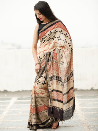 Beige Red Black Hand Block Printed Handwoven Linen Saree With Zari Border - S031704037