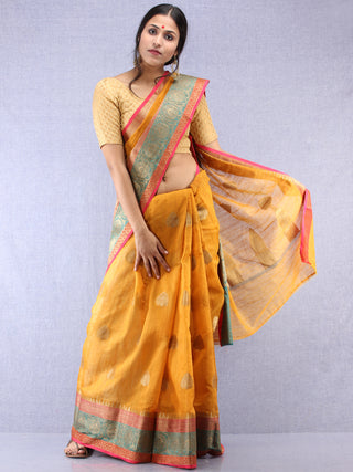 Banarasee Cotton Silk Saree With Zari Work - Mustard Pink Green & Golden - S031704365