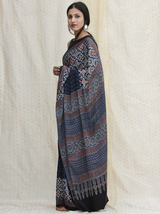 Indigo Ivory Black Red Ajrakh Hand Block Printed Modal Silk Saree - S031704125