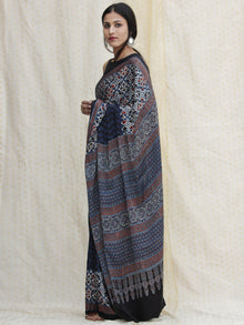 Indigo Ivory Black Red Ajrakh Hand Block Printed Modal Silk Saree - S031704125