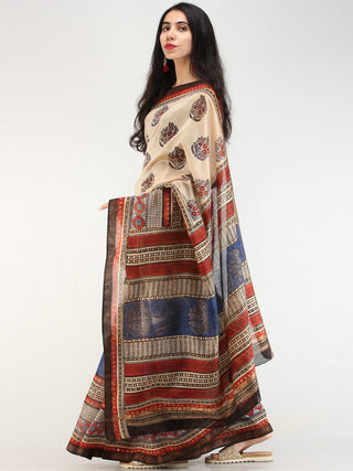 Indigo Beige Red Hand Block Printed Maheswari Silk Saree With Zari Border - s031704549