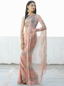 Peach Red Green Hand Block Printed Chiffon Saree with Zari Border - S031703962