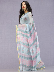 Baby Blue Pink Green Hand Block Printed Chiffon Saree with Zari Border - S031704594