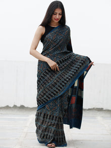 Indigo Black Maroon Ivory Ajrakh Hand Block Printed Modal Silk Saree in Natural Colors - S031703704