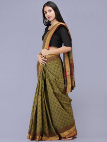 Olive Green Maroon Black Bagh Printed Maheshwari Cotton Saree - S031704175