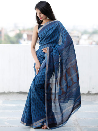 Blue Rust Black Bagh Hand Block Printed Maheswari Silk Saree With Resham Border - S031703837