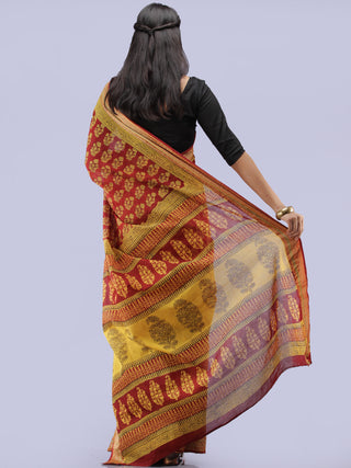 Maroon Mustard Bagh Printed Maheshwari Cotton Saree - S031704242