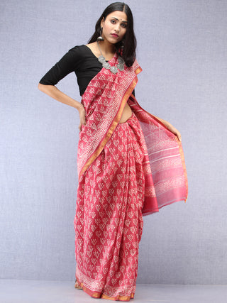 Pink Ivory Hand Block Printed Maheshwari Silk Saree With Zari Border - S031704490