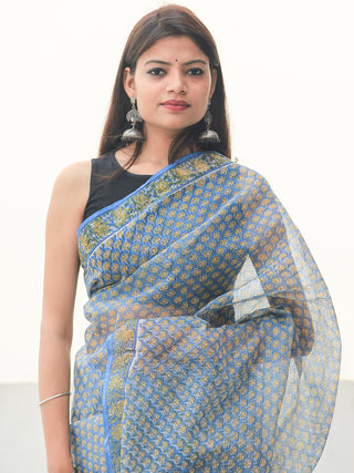 Sky Blue & White Hand Block Printed Kota Doria Saree  - S031704084