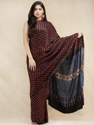 Black Maroon Indigo Bandhej Modal Silk Saree With Ajrakh Printed Pallu & Blouse - s031704141