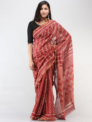 Rosewood Pink White Hand Block Printed Maheshwari Saree With zari Border - S031704465