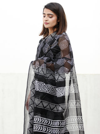 Black & White Hand Block Printed Kota Doria Saree  - S031704078