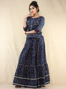 Naaz Furozan - Hand Block Printed Long Embroidered Jacket Top & Skirt  - DS88F002