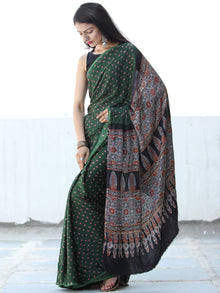 Bottle Green Coral Black  Bandhej Modal Silk Saree With Ajrakh Printed Pallu & Blouse - S031703882