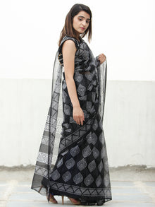 Black & White Hand Block Printed Kota Doria Saree  - S031704078