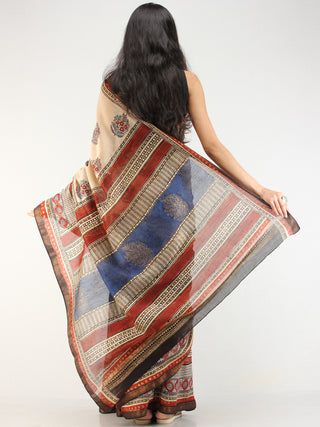 Indigo Beige Red Hand Block Printed Maheswari Silk Saree With Zari Border - s031704549