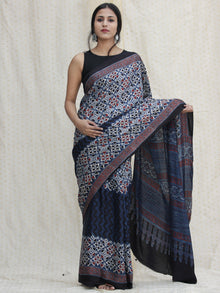 Indigo Ivory Black Red Ajrakh Hand Block Printed Modal Silk Saree - S031704125