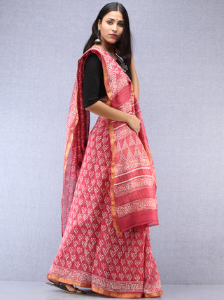 Pink Ivory Hand Block Printed Maheshwari Silk Saree With Zari Border - S031704490