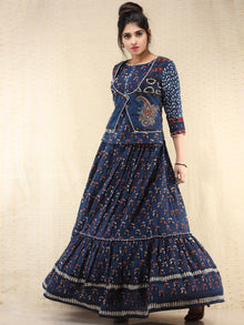 Naaz Furozan - Hand Block Printed Long Embroidered Jacket Top & Skirt  - DS88F002