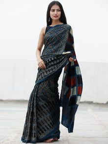 Indigo Black Maroon Ivory Ajrakh Hand Block Printed Modal Silk Saree in Natural Colors - S031703704