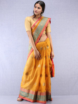 Banarasee Cotton Silk Saree With Zari Work - Mustard Pink Green & Golden - S031704365