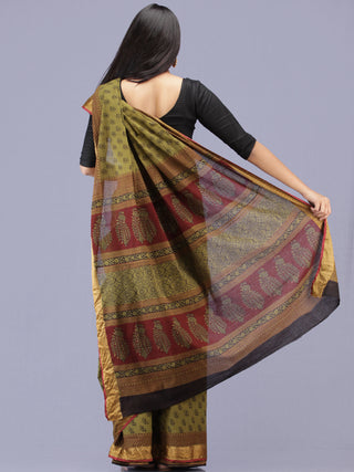 Olive Green Maroon Black Bagh Printed Maheshwari Cotton Saree - S031704175