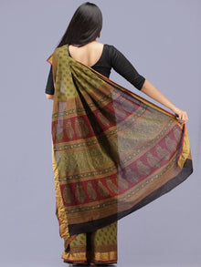 Olive Green Maroon Black Bagh Printed Maheshwari Cotton Saree - S031704175