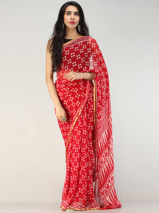 Red OffWhite Hand Block Printed Chiffon Saree with Zari Border - S031704563