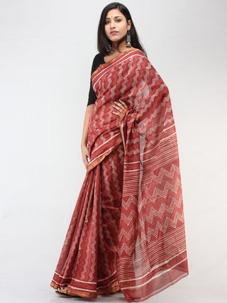 Rosewood Pink White Hand Block Printed Maheshwari Saree With zari Border - S031704465
