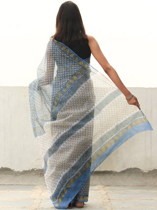 Sky Blue & White Hand Block Printed Kota Doria Saree  - S031704084