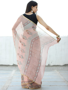 Peach Red Green Hand Block Printed Chiffon Saree with Zari Border - S031703962